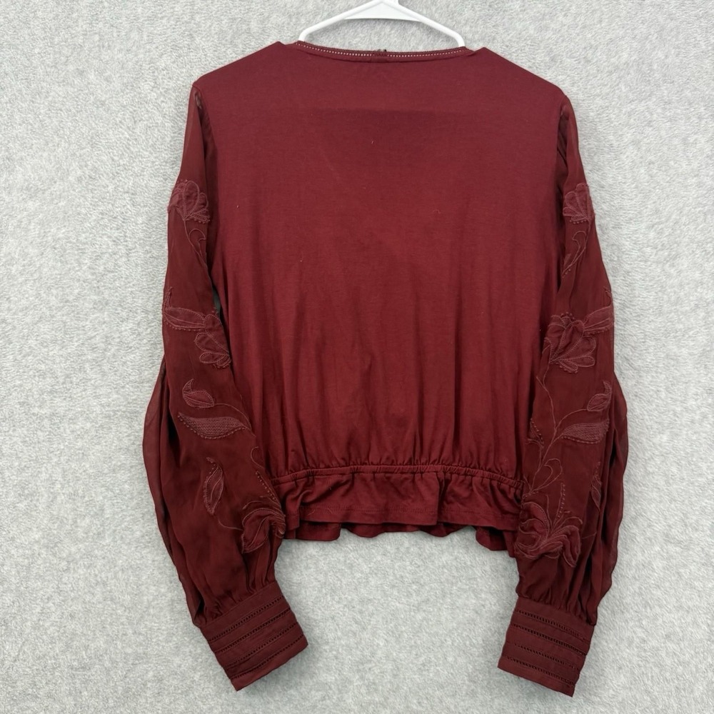 Anthropologie Top Women S Red Maroon Embroidered‎ Button Down Long Sleeve Blouse - Picture 10 of 10